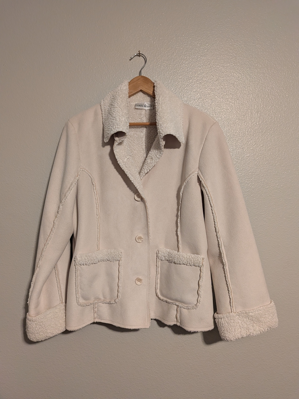 Natalie & Me Women Large Faux Suede Sherpa Lined Jacket Coat Cream Beige Boho